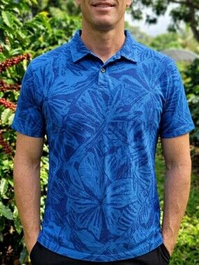 Monstera Cotton Knit Summer Polo XL - Crazy Shirts Tropical Hawaiian Blue Aloha